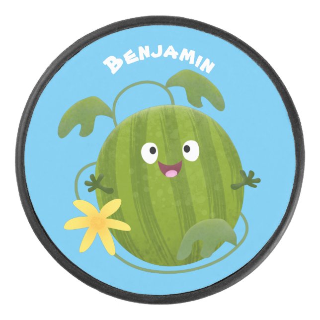 Cute happy smiling watermelon cartoon hockey puck (Front)