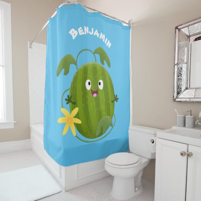 Cute happy smiling watermelon cartoon shower curtain (In Situ)