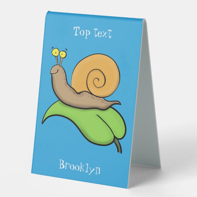 Cute, happy snail on a leaf cartoon illustration (Front)