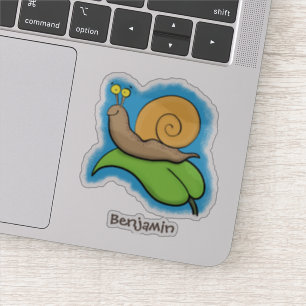 Cute, happy snail on a leaf cartoon illustration