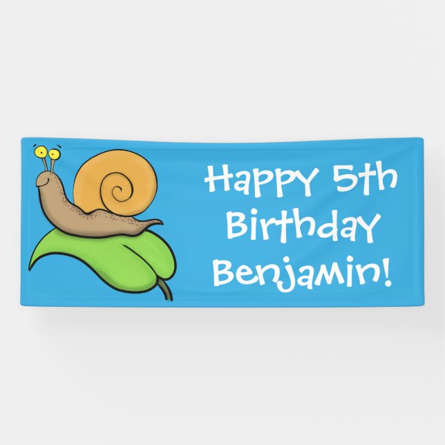 Cute, happy snail on a leaf cartoon illustration banner (Horizontal)