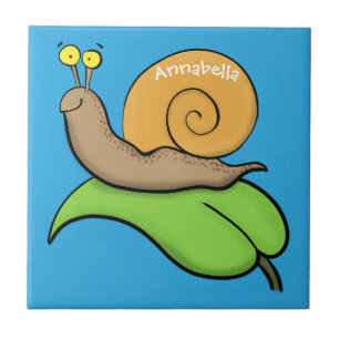 Cute, happy snail on a leaf cartoon illustration ceramic tile