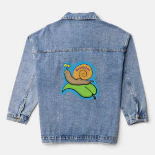 Cute, happy snail on a leaf cartoon illustration denim jacket