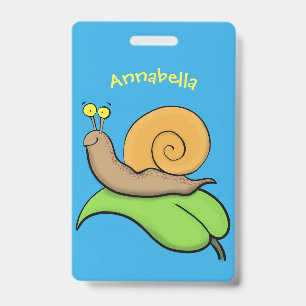 Cute, happy snail on a leaf cartoon illustration ID badge