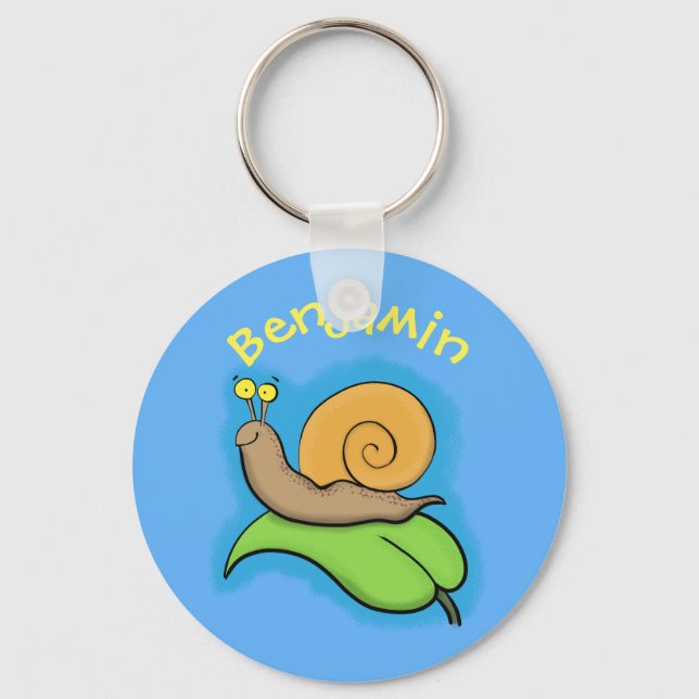 Cute, happy snail on a leaf cartoon illustration key ring (Front)