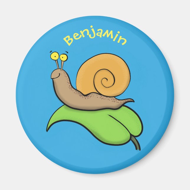 Cute, happy snail on a leaf cartoon illustration magnet (Front)