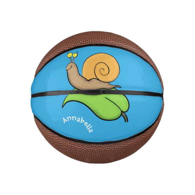 Cute, happy snail on a leaf cartoon illustration mini basketball (Front)