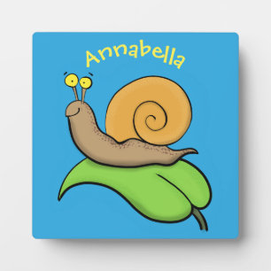 Cute, happy snail on a leaf cartoon illustration plaque