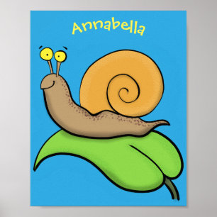 Cute, happy snail on a leaf cartoon illustration poster