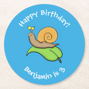 Cute, happy snail on a leaf cartoon illustration round paper coaster
