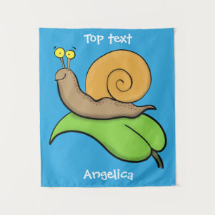 Cute, happy snail on a leaf cartoon illustration  tapestry