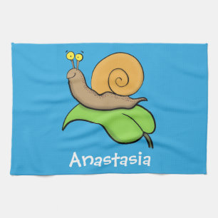 Cute, happy snail on a leaf cartoon illustration tea towel
