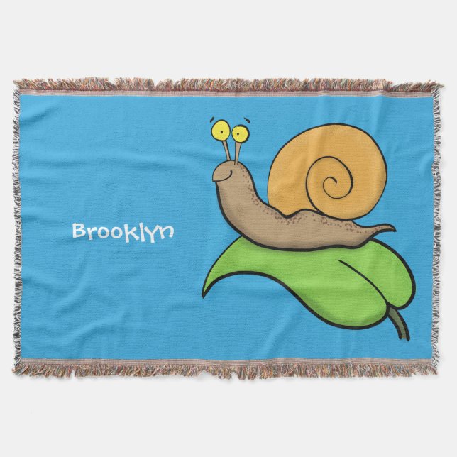 Cute, happy snail on a leaf cartoon illustration throw blanket (Front)