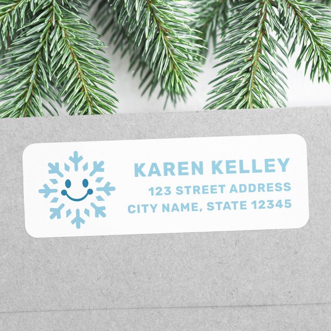 Cute happy snowflake blue white return address label (Cute happy snowflake blue white return address label)