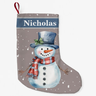 Cute Happy Snowman Grey Snow Background Small Christmas Stocking