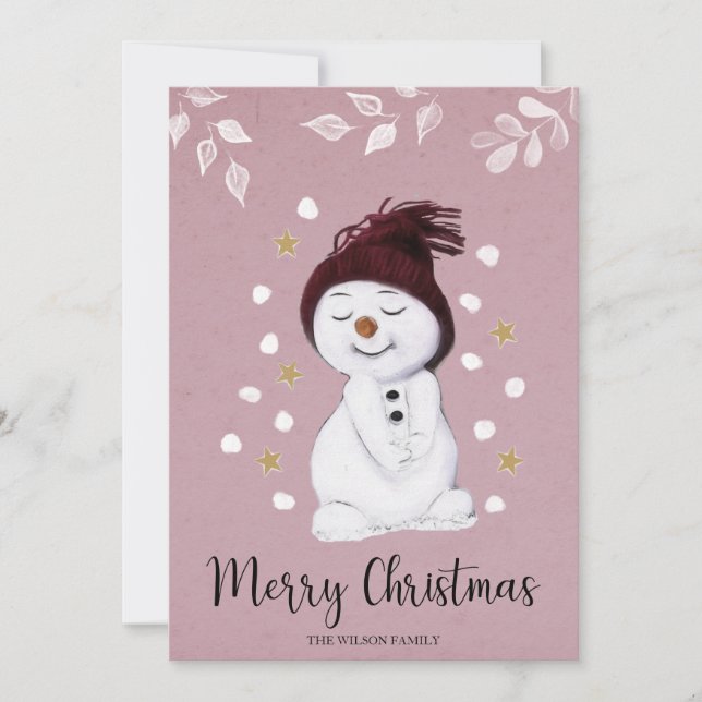 Cute Happy Snowman Pink Christmas Holiday Card (Front)