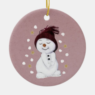 Cute Happy Snowman Pink Christmas Holiday Ceramic Ornament