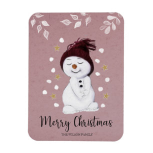 Cute Happy Snowman Pink Christmas Holiday Magnet