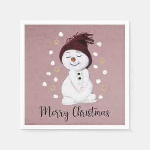 Cute Happy Snowman Pink Christmas Holiday Napkin