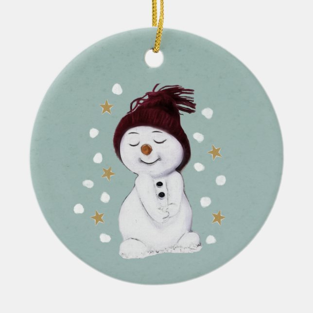 Cute Happy Snowman Winter Blue Christmas Ceramic Ornament (Front)
