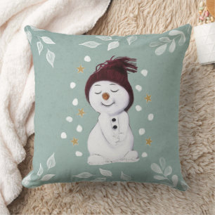 Cute Happy Snowman Winter Blue Christmas Cushion