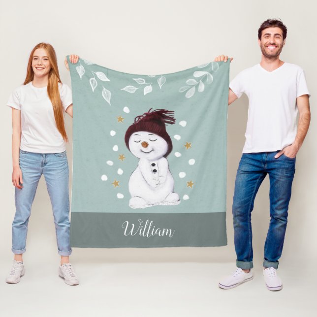 Cute Happy Snowman Winter Blue Christmas Fleece Blanket (In Situ)