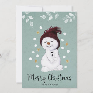 Cute Happy Snowman Winter Blue Christmas Holiday Card