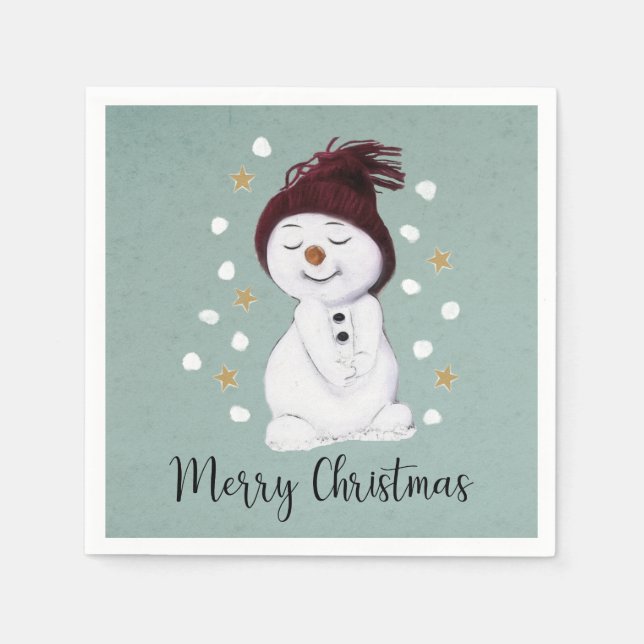 Cute Happy Snowman Winter Blue Christmas Napkin (Front)