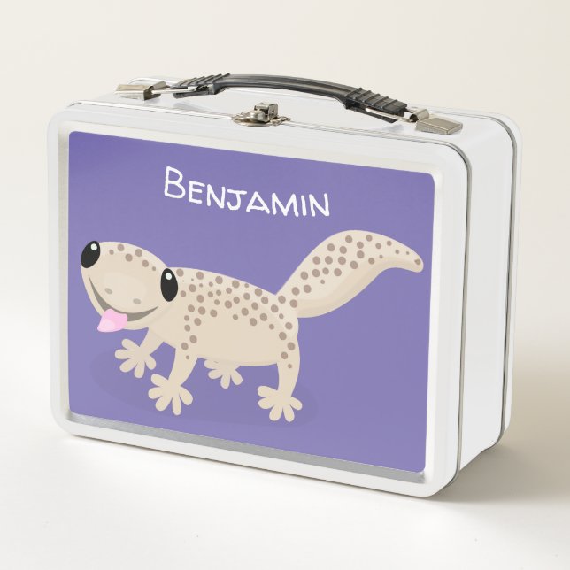 Cute happy spotted tan gecko cartoon illustration metal lunch box (Front)