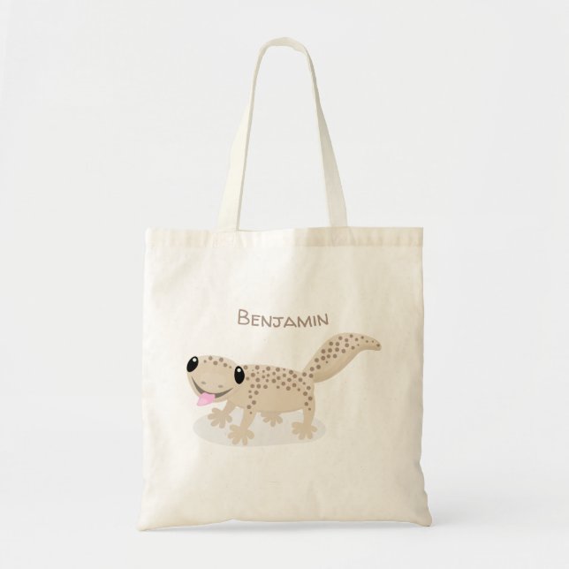 Cute happy spotted tan gecko cartoon illustration tote bag (Front)