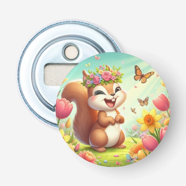 Cute, happy springtime squirrel  bottle opener (Front)