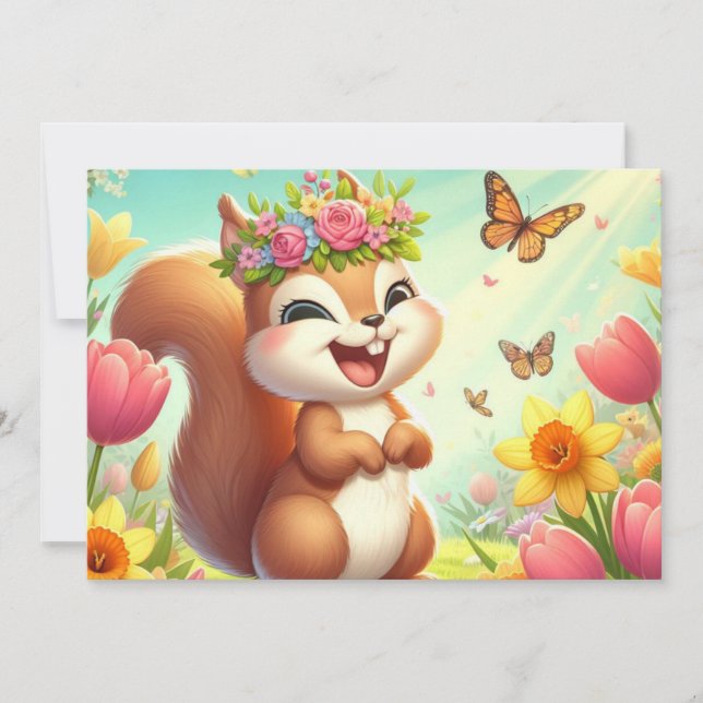 Cute, happy springtime squirrel  holiday card (Front)