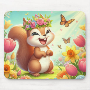 Cute, happy springtime squirrel mouse pad