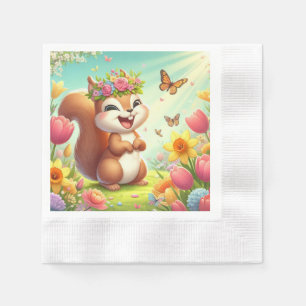 Cute, happy springtime squirrel napkin