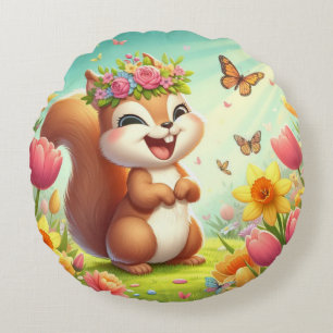 Cute, happy springtime squirrel round cushion