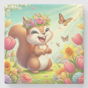 Cute, happy springtime squirrel stone coaster