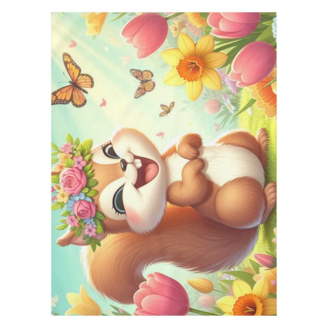 Cute, happy springtime squirrel  tablecloth (Front)
