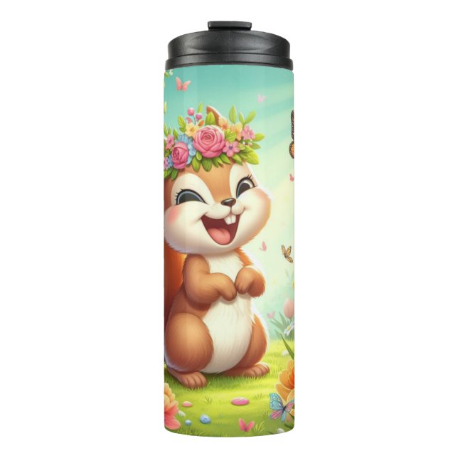Cute, happy springtime squirrel  thermal tumbler (Front)