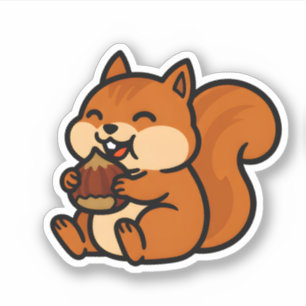 Cute Happy Squirrel Eating Acorn Cartoon Animal