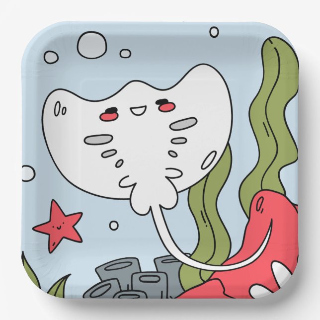 Cute Happy Stingray Art Under the Sea Party Paper Plate (Front)