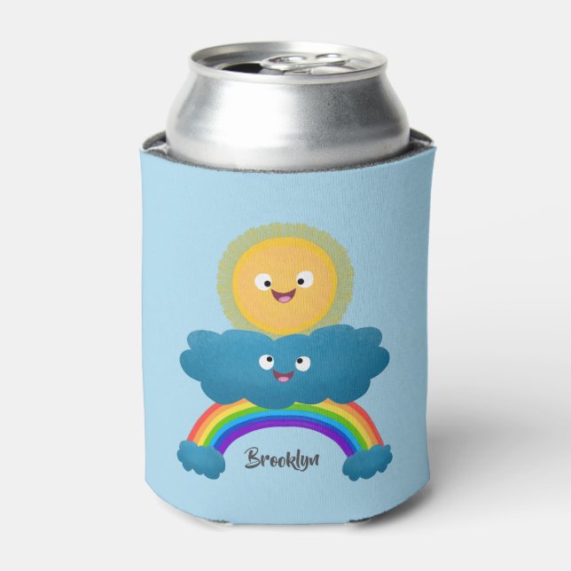 Cute happy sun cloud rainbow cartoon can cooler (Can Front)