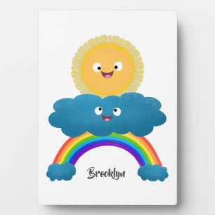Cute happy sun cloud rainbow cartoon plaque