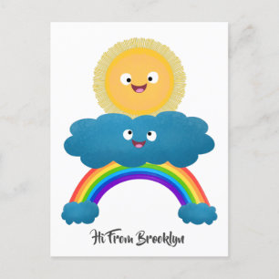 Cute happy sun cloud rainbow cartoon postcard