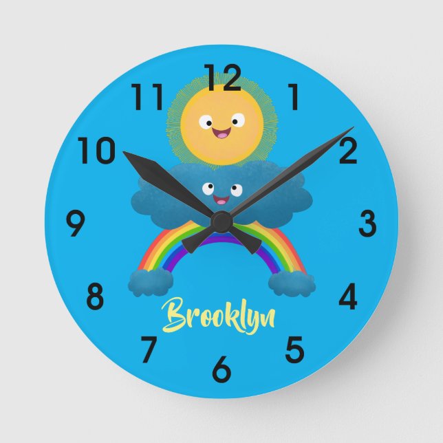 Cute happy sun cloud rainbow cartoon round clock (Front)