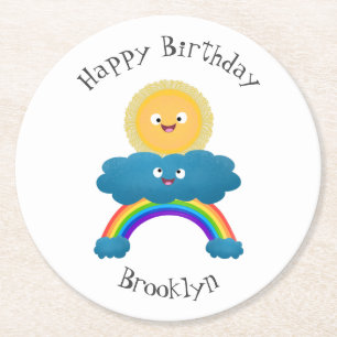 Cute happy sun cloud rainbow cartoon round paper coaster