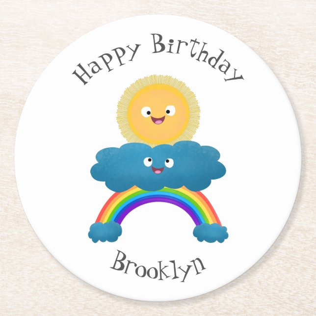 Cute happy sun cloud rainbow cartoon round paper coaster (Front)