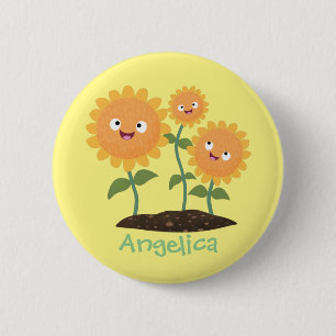 Cute happy sunflowers smiling cartoon illustration 6 cm round badge
