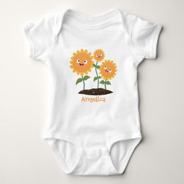 Cute happy sunflowers smiling cartoon illustration baby bodysuit (Front)