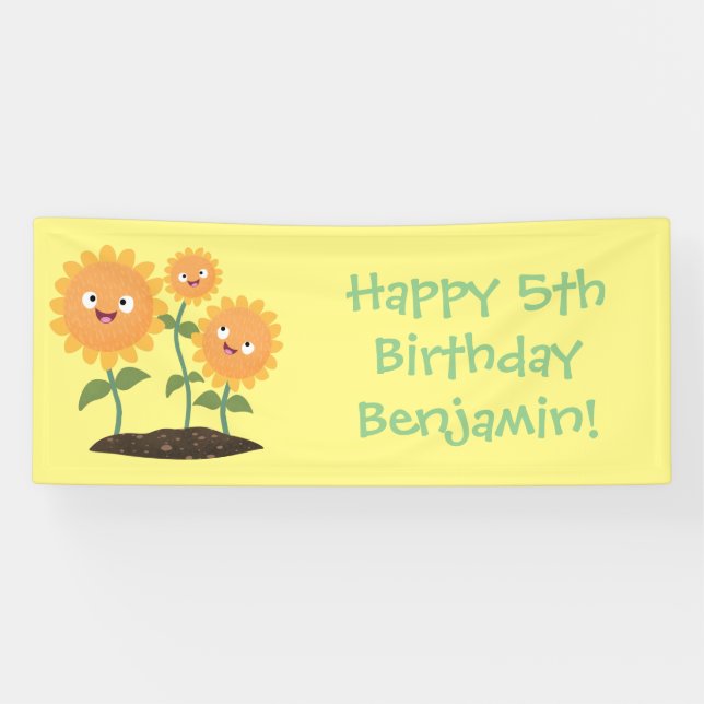 Cute happy sunflowers smiling cartoon illustration banner (Horizontal)