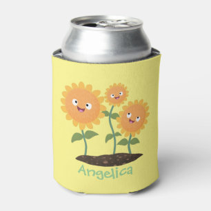 Cute happy sunflowers smiling cartoon illustration can cooler